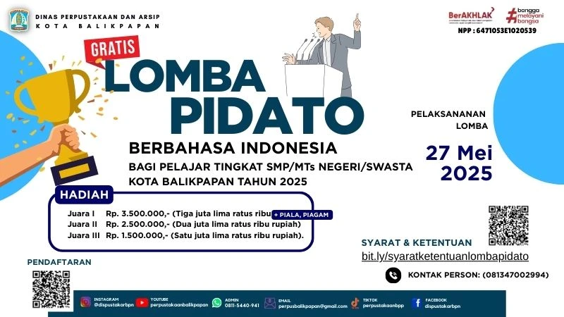 Lomba Pidato Berbahasa Indonesia Bagi Pelajar Tingkat SMP/Mts Negeri/Swasta Kota Balikpapan Tahun 2025 Lomba Pidato Berbahasa Indonesia Bagi Pelajar Tingkat SMP/Mts Negeri/Swasta Kota Balikpapan Tahun 2025