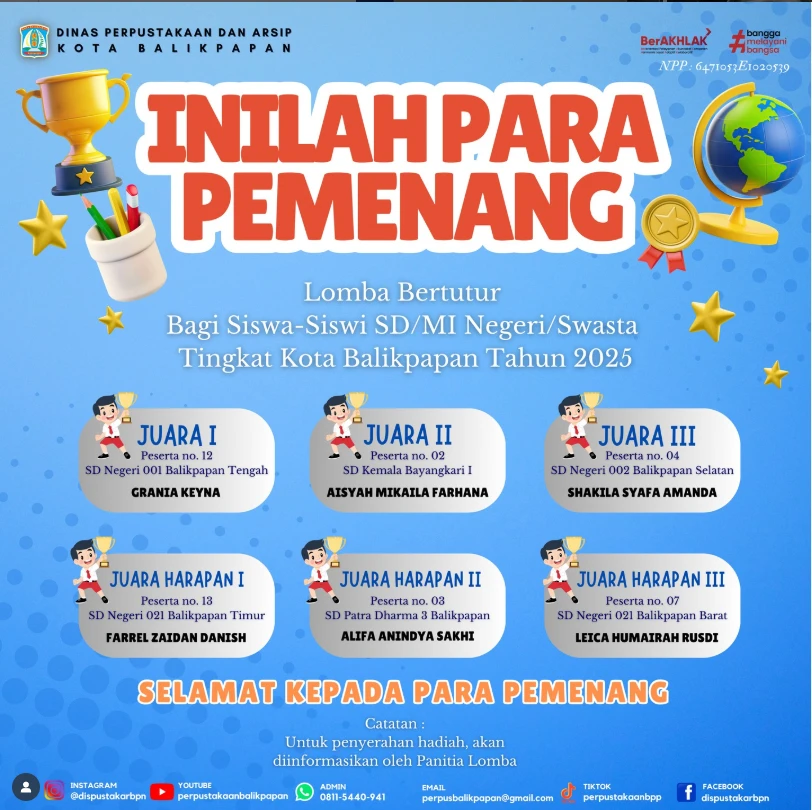 Pemenang Lomba Bertutur Bagi Siswa-Siswi SD/MI Negeri/Swasta Tingkat Kota Balikpapan Tahun 2025 Pemenang Lomba Bertutur Bagi Siswa-Siswi SD/MI Negeri/Swasta Tingkat Kota Balikpapan Tahun 2025